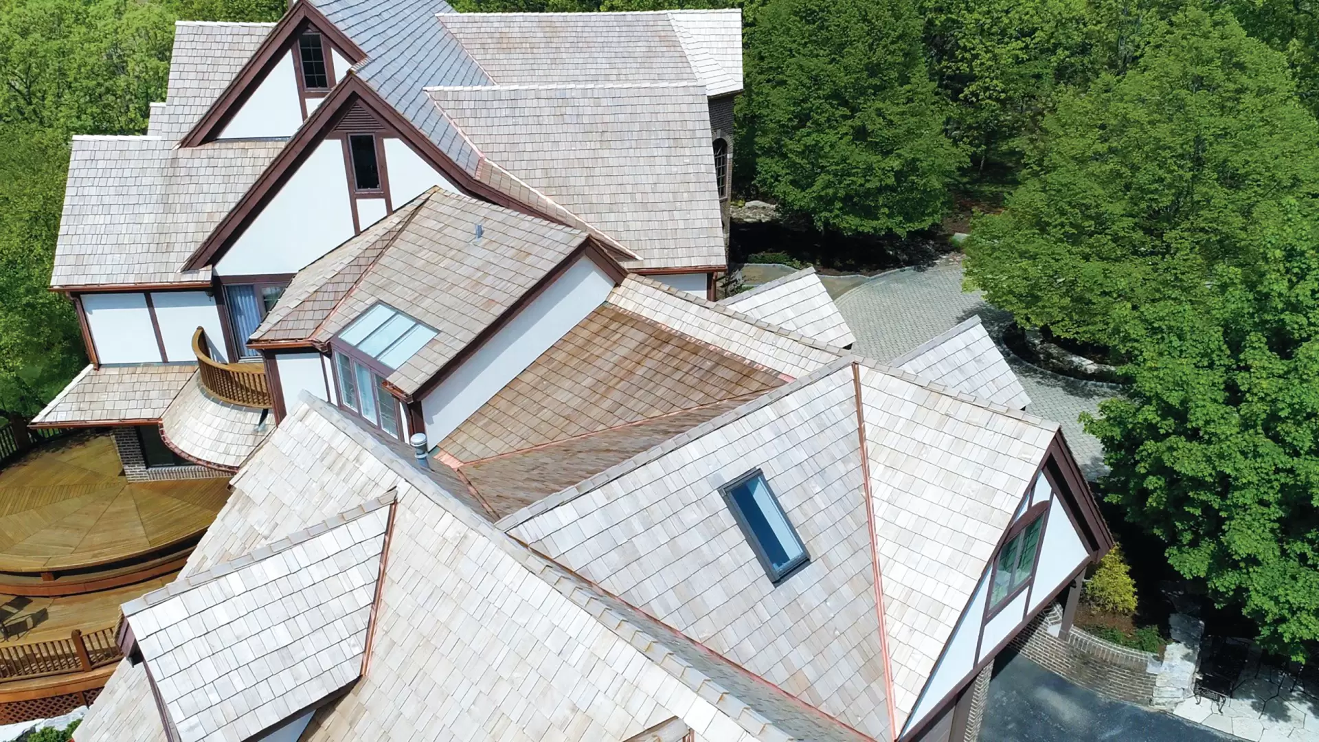 Skylight on large multi-angled brown roof