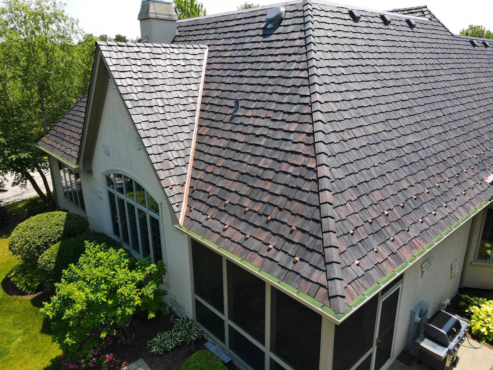 Skylights on grey roof from above