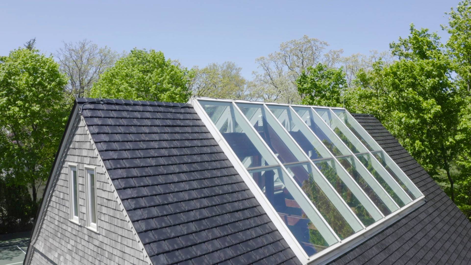Large skylights over pool from side