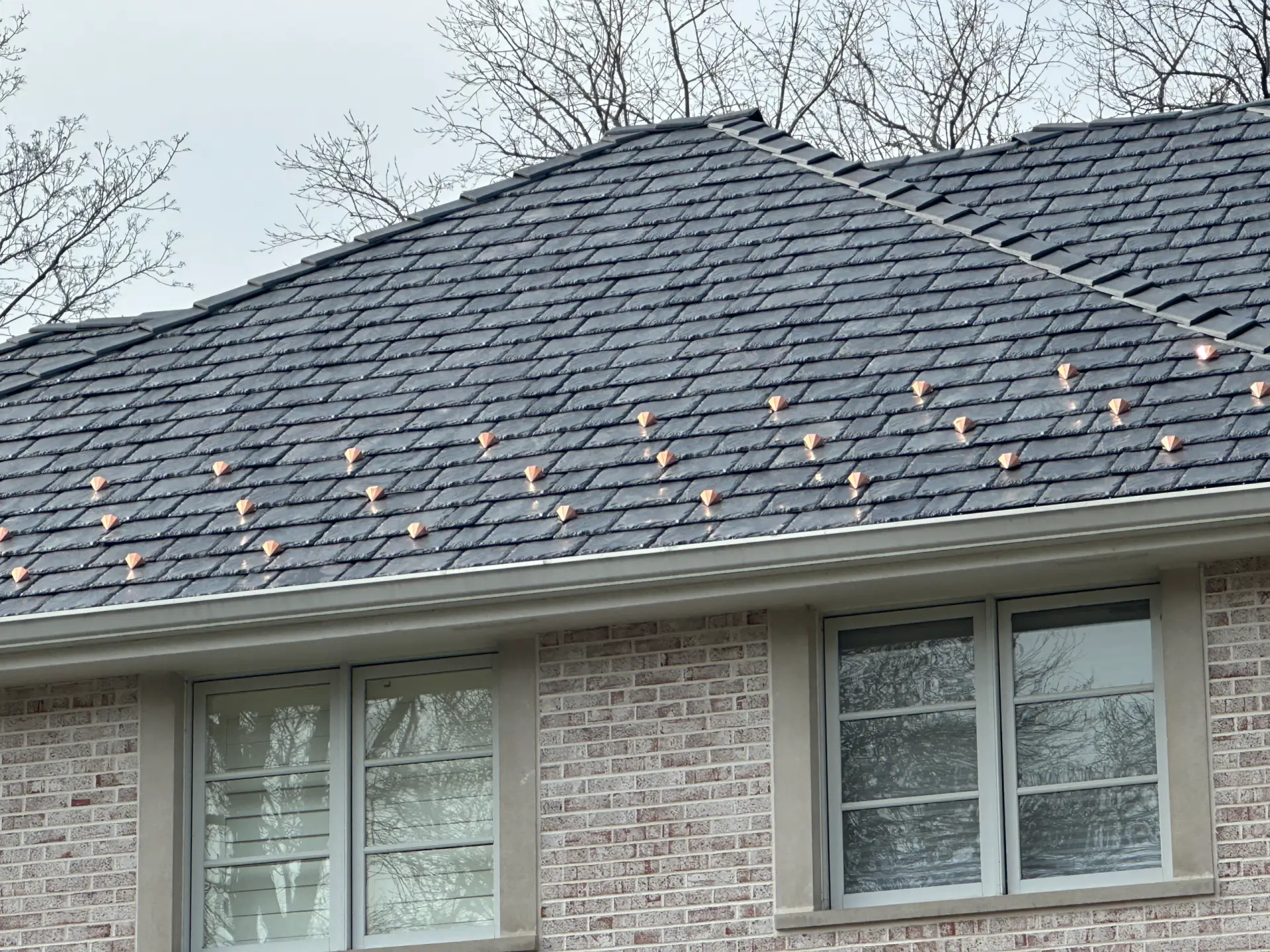 Grid of skylights on dark roof