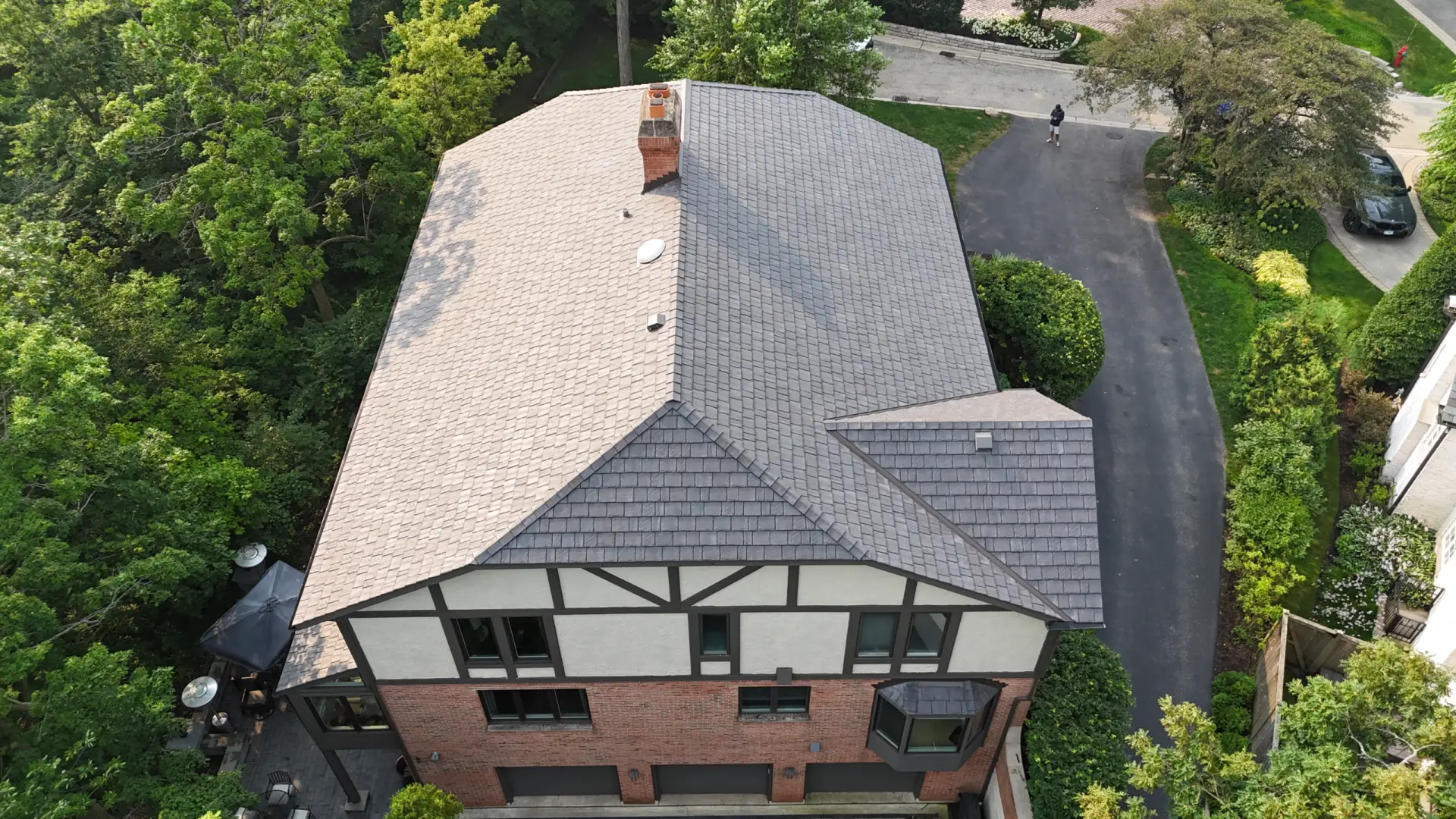 Grid of skylights on dark roof